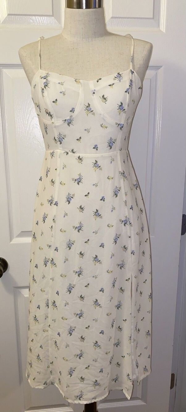 FOREVER 21 Ivory Floral Chiffon Tie Strap Smocked Back Sweetheart Midi S